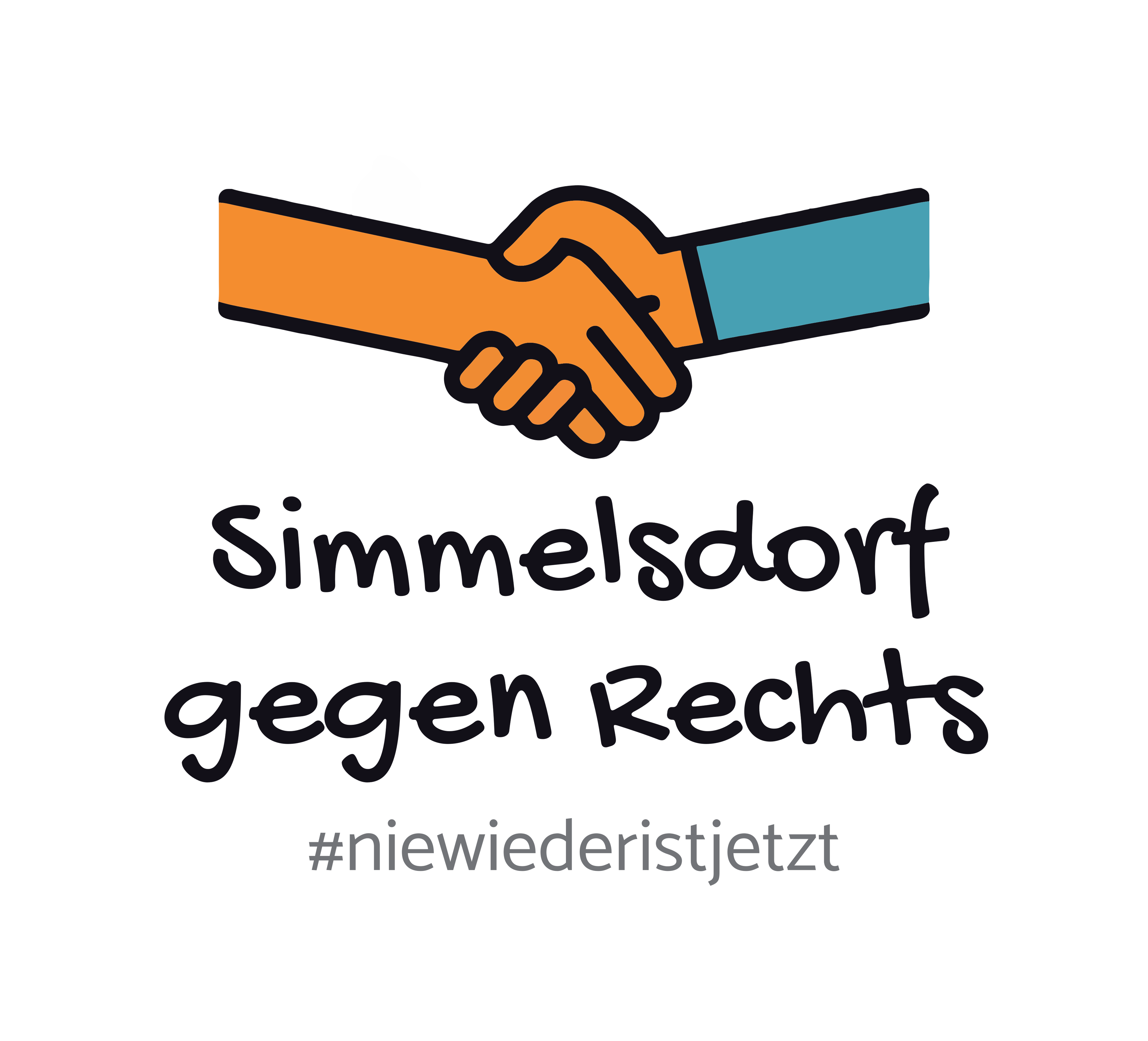 Logo: 2 Hände geben sich die Hand. Darunter der Schriftzug „Simmelsdorf gegen Rechts“ zusammen mit dem Hashtag niewiederistjetzt