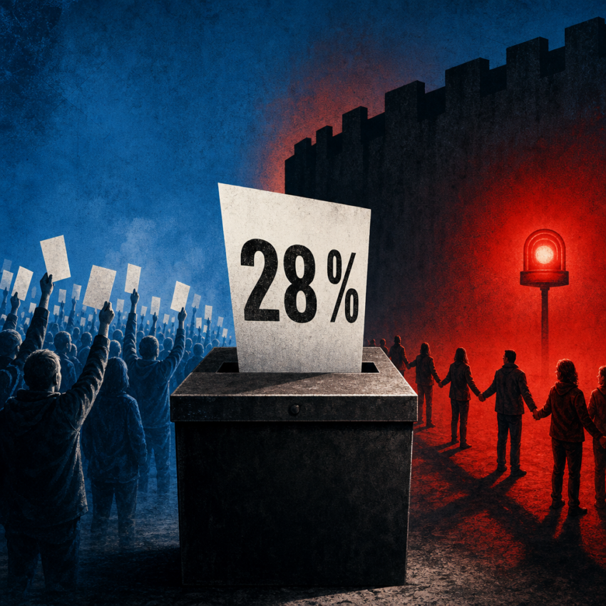Schwarze Wahlurne mit einem Wahlzettel „28 %“ und einer dunklen Mauer als Symbol für die demokratische Gefahr der AfD